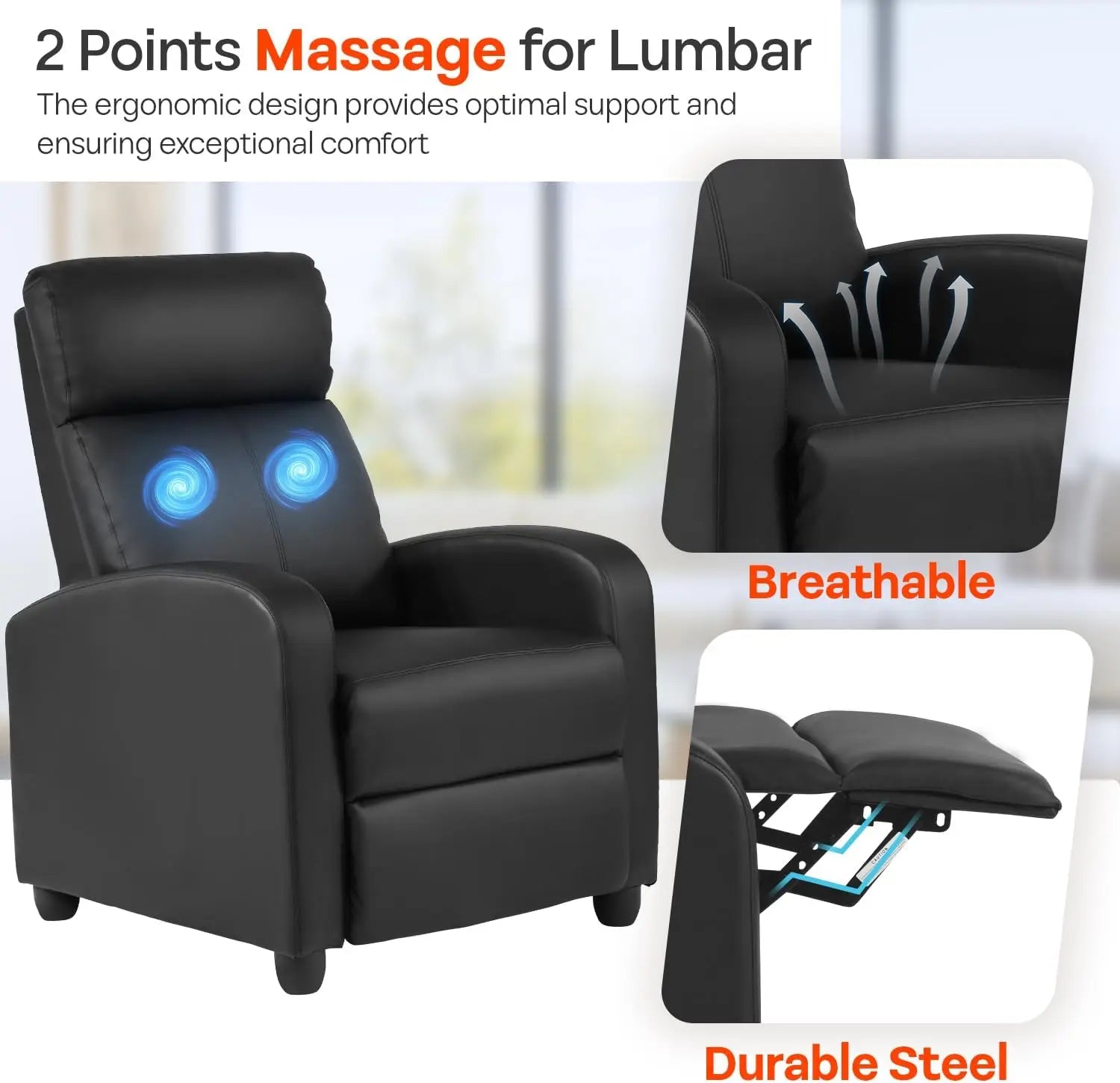 Massage Recliner with Lumbar Support and Adjustable Backrest