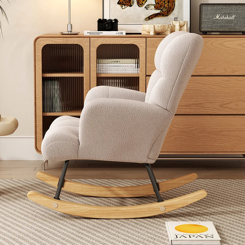 High-Back Armchair with Padded Seat, Velvet Fabric, Solid Wood, Soft-Covered Rocking Chair