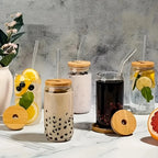 6pcs 18.6oz/550ml Drinking Glasses with Bamboo Lids and Glass Straw