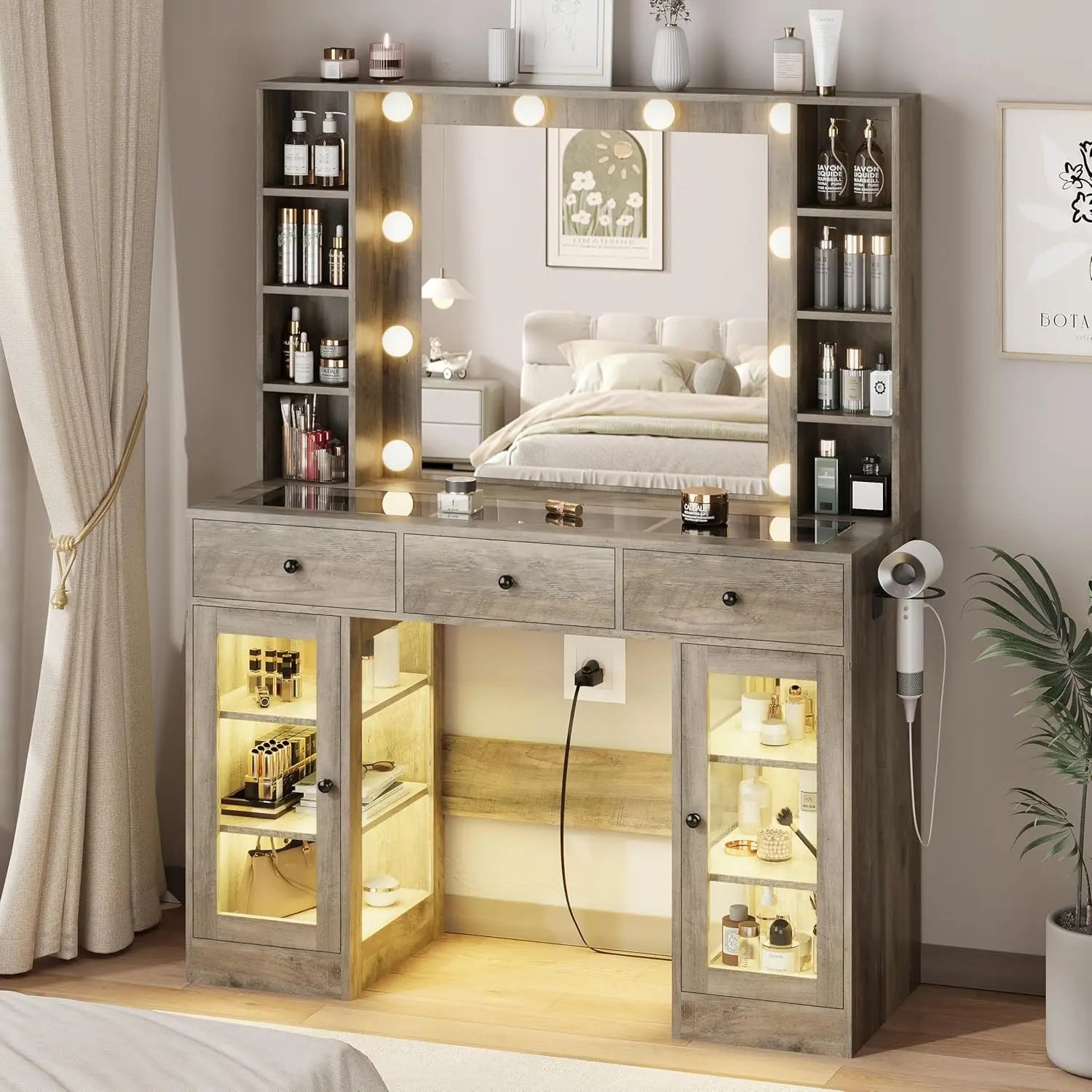 Glass Top Vanity with Lighted Mirror & RGB Glass Cabinet and 3 Drawers