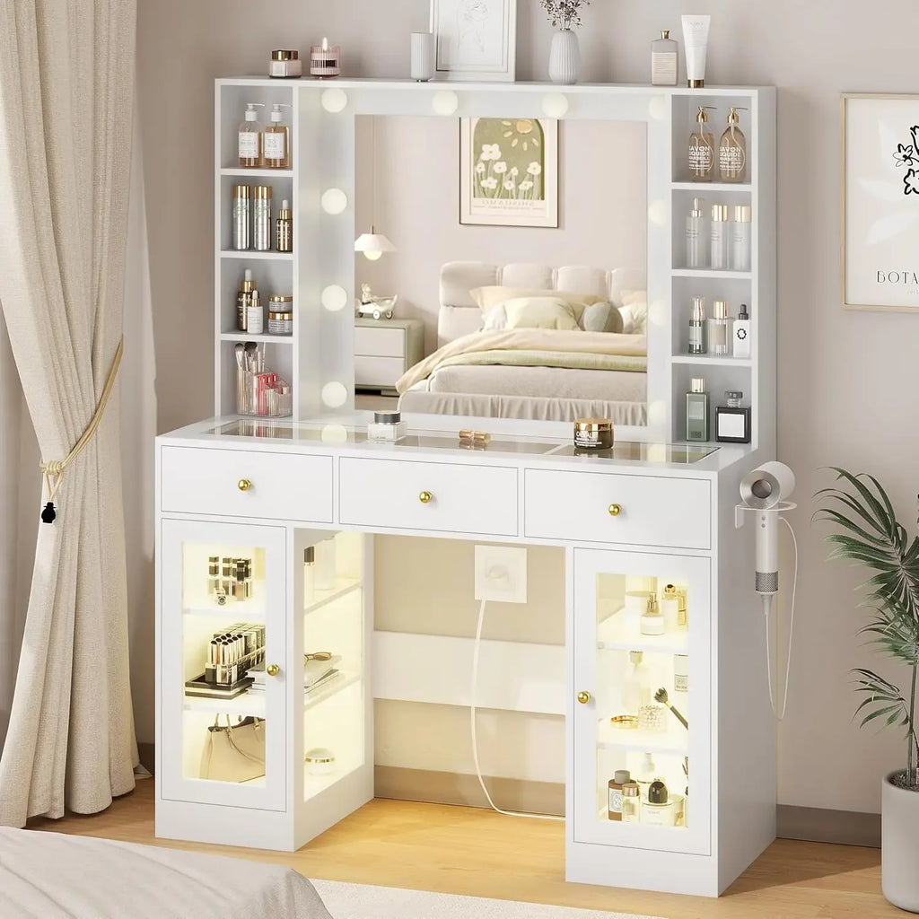Glass Top Vanity with Lighted Mirror & RGB Glass Cabinet and 3 Drawers