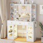 Glass Top Vanity with Lighted Mirror & RGB Glass Cabinet and 3 Drawers