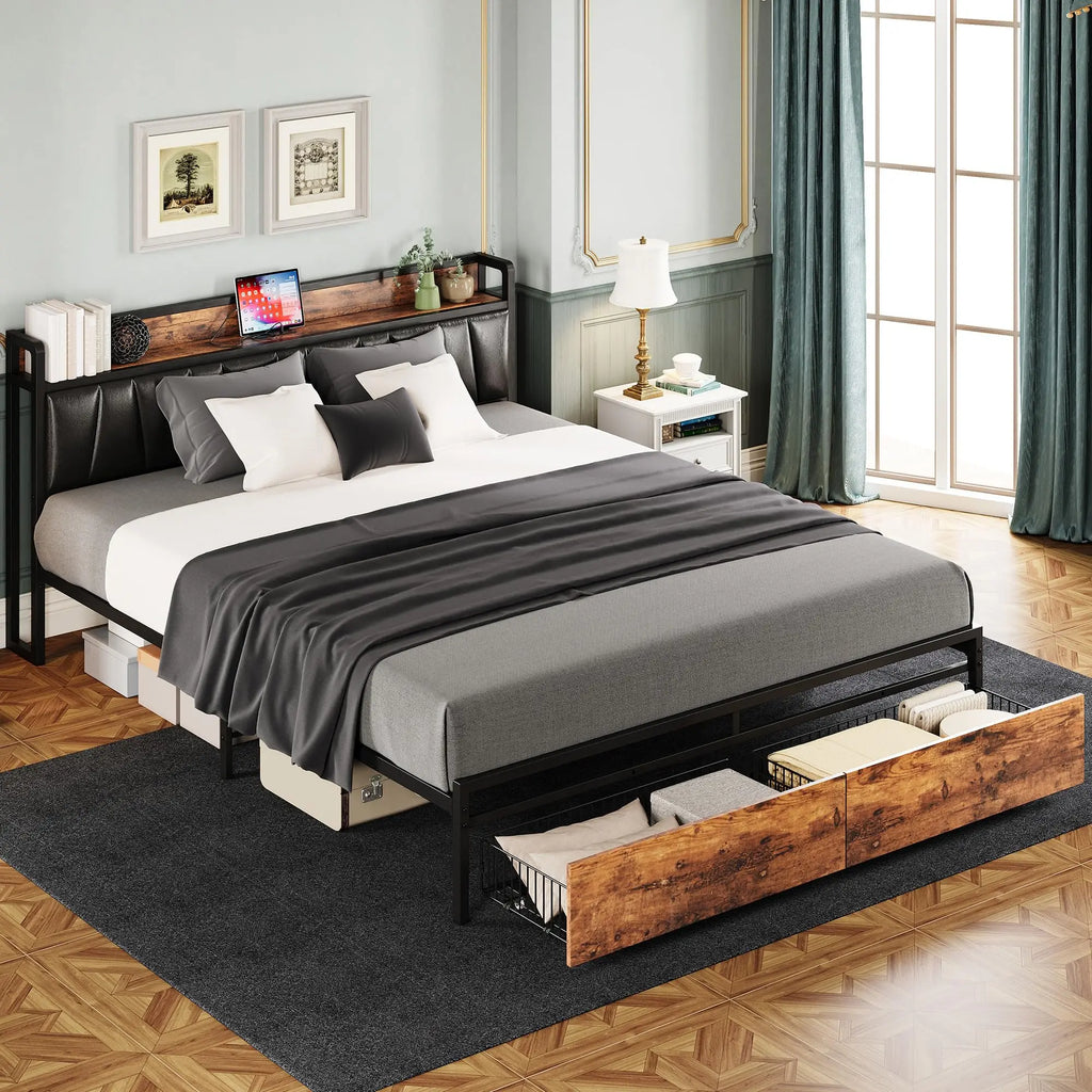 California King Size Bed Frame, Storage Headboard with Charging Station, Platform Bed with Drawers, No Box Spring Needed