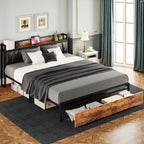 California King Size Bed Frame, Storage Headboard with Charging Station, Platform Bed with Drawers, No Box Spring Needed