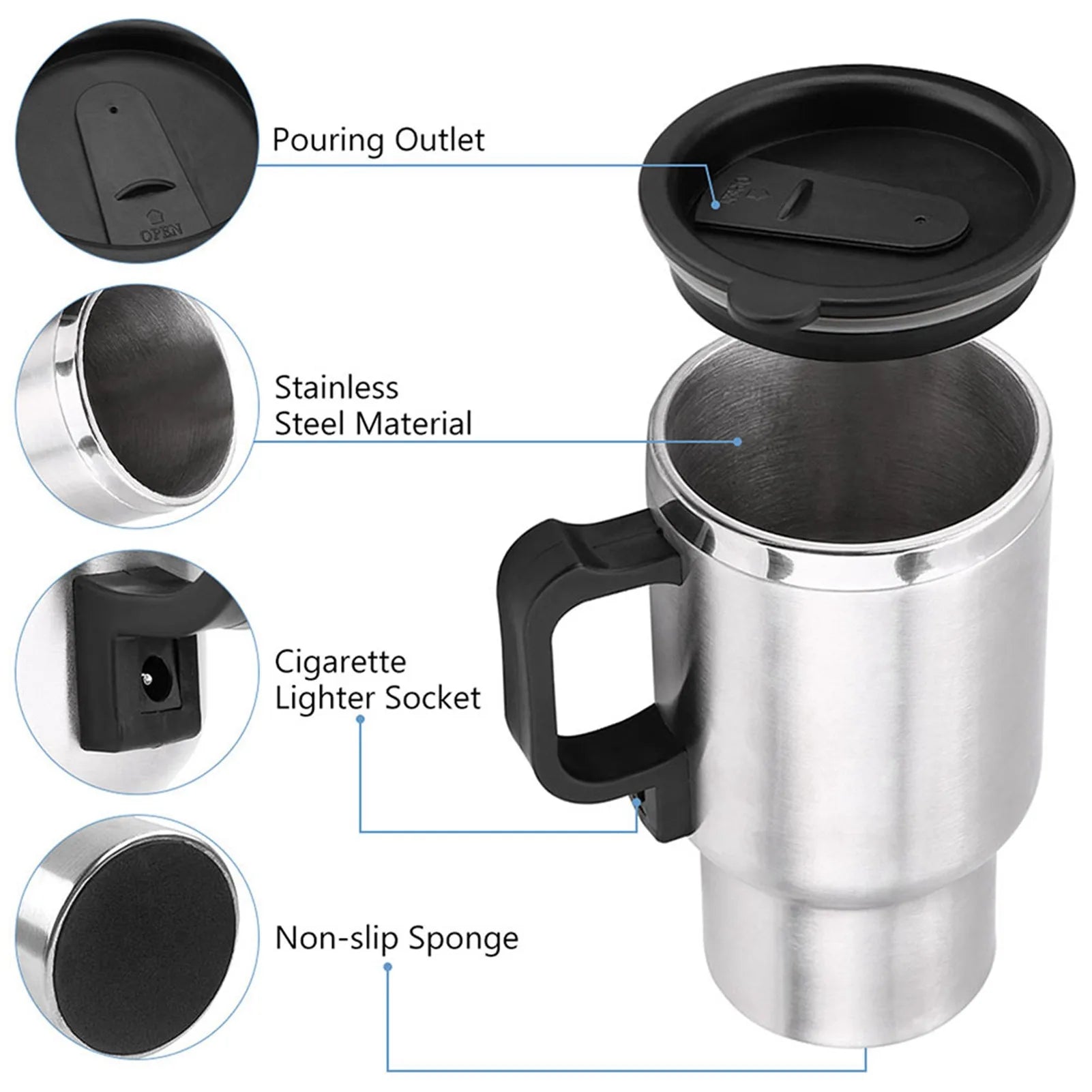 12V 450ml Electric Stainless Steel Travel Heating Coffee Cup