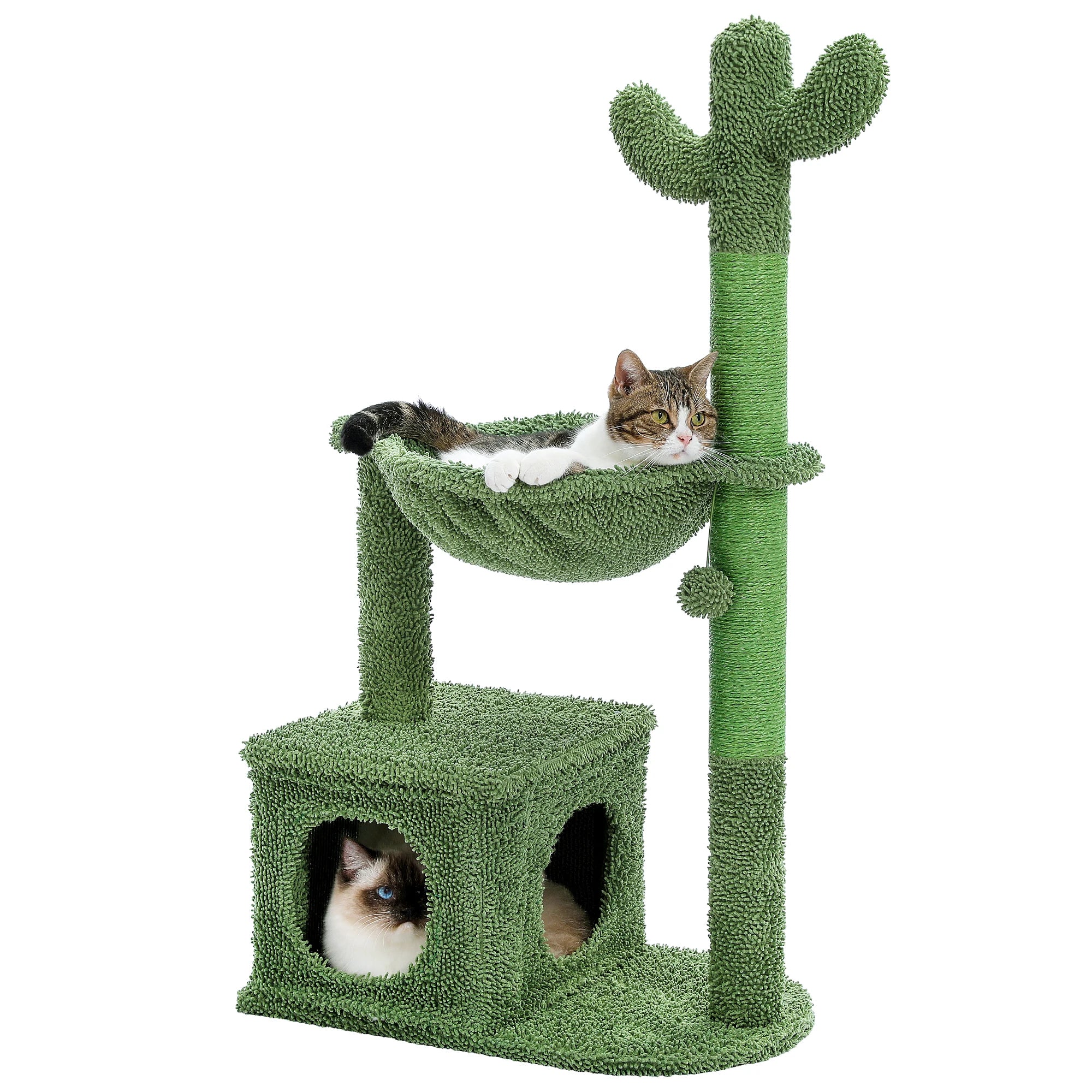 Cactus Cat Tree with Large Condo, Hammock, Dangling Ball, Scratching Post for Indoor