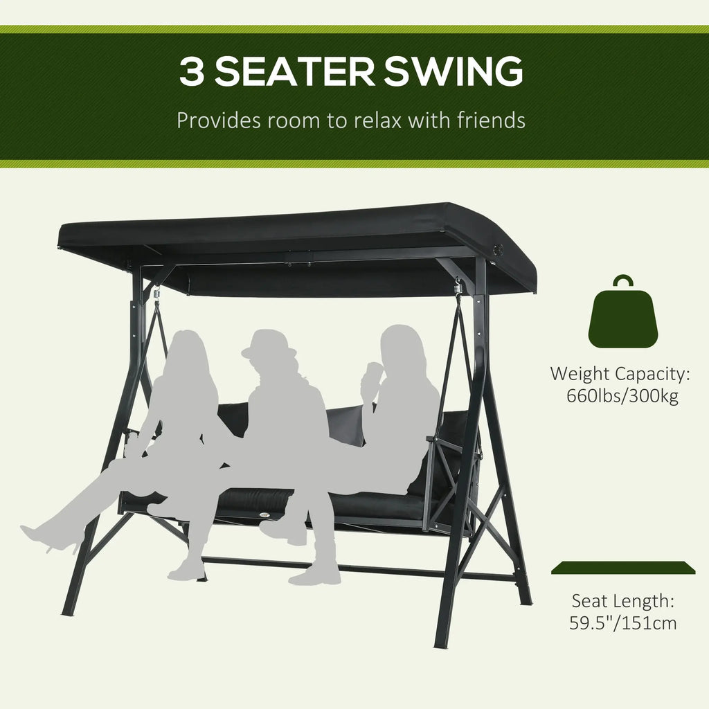 3-Seat Porch Swing Adjustable Canopy Cushion Black