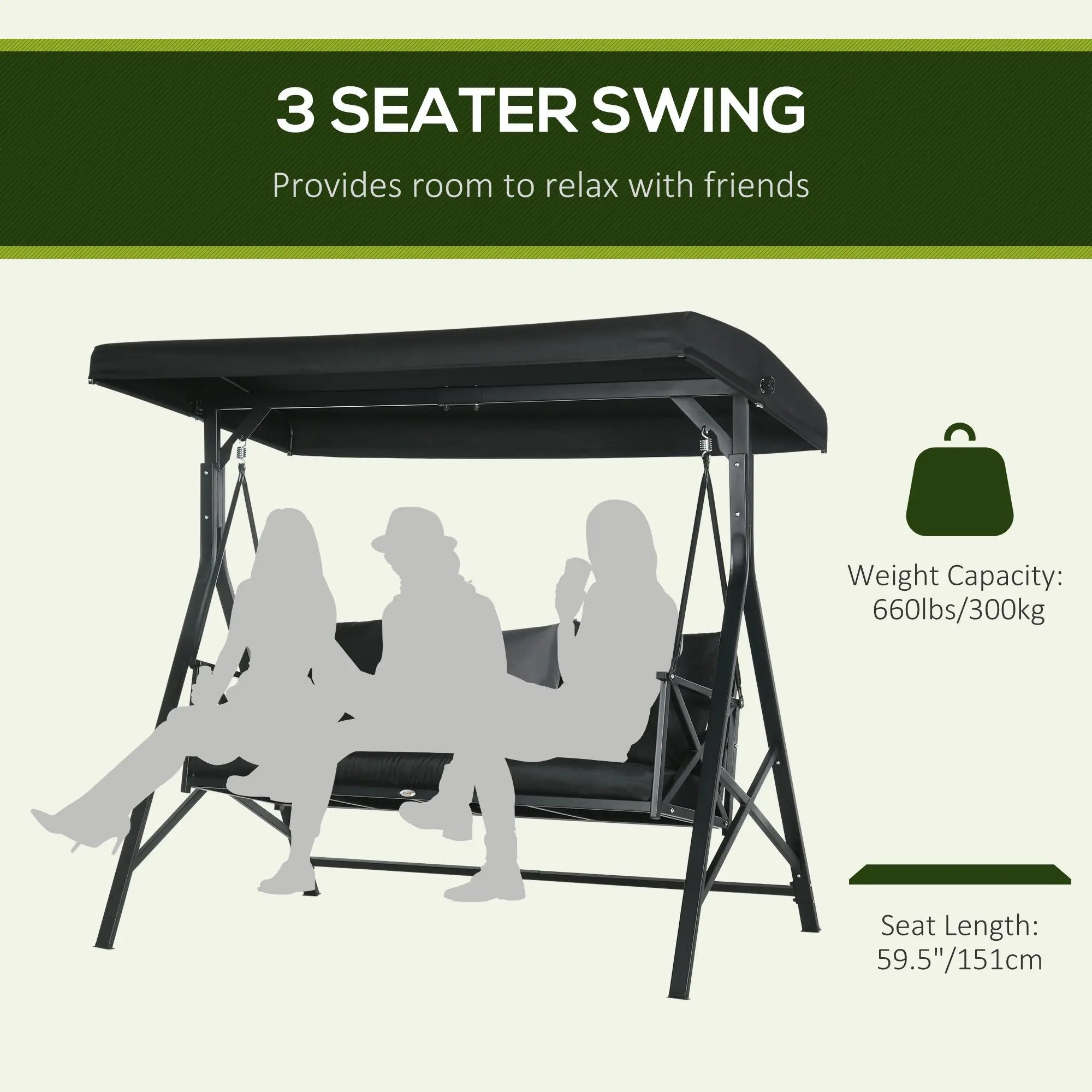 3-Seat Porch Swing Adjustable Canopy Cushion Black