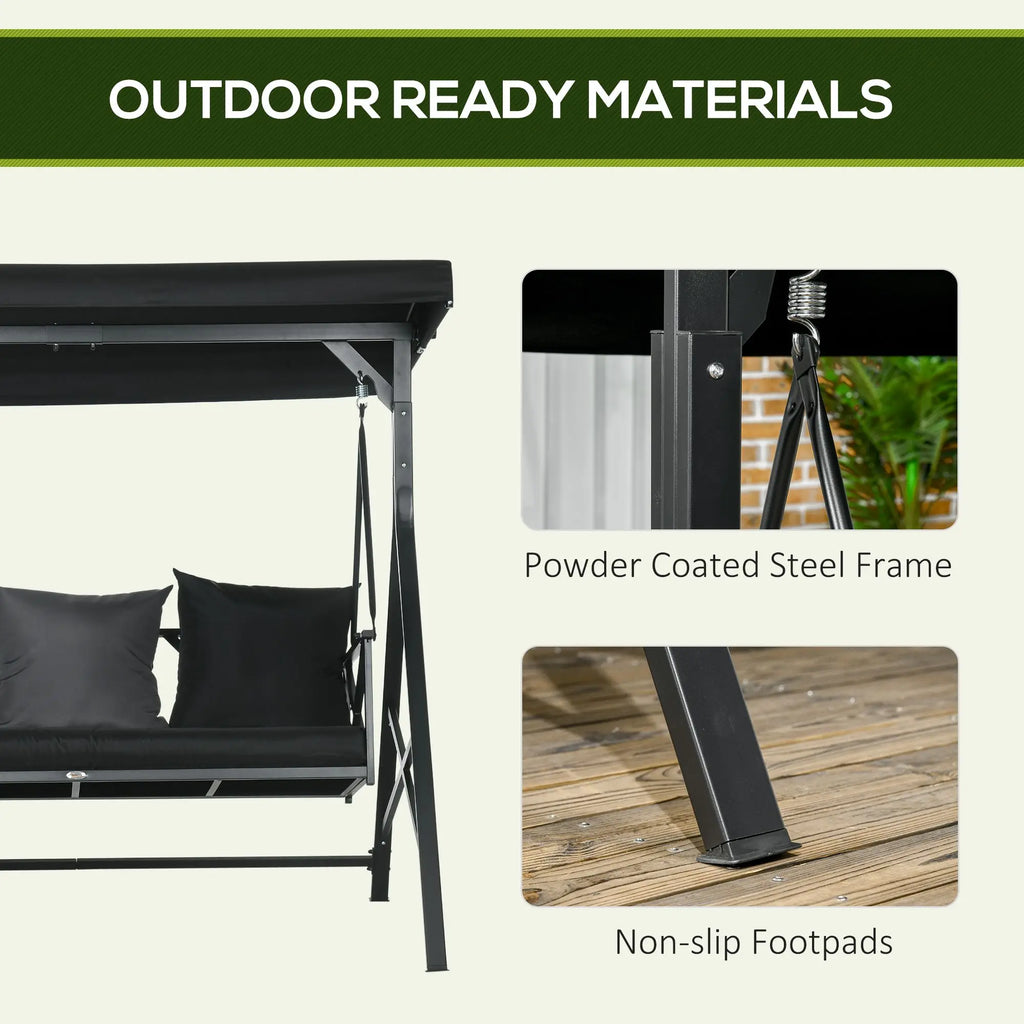 3-Seat Porch Swing Adjustable Canopy Cushion Black