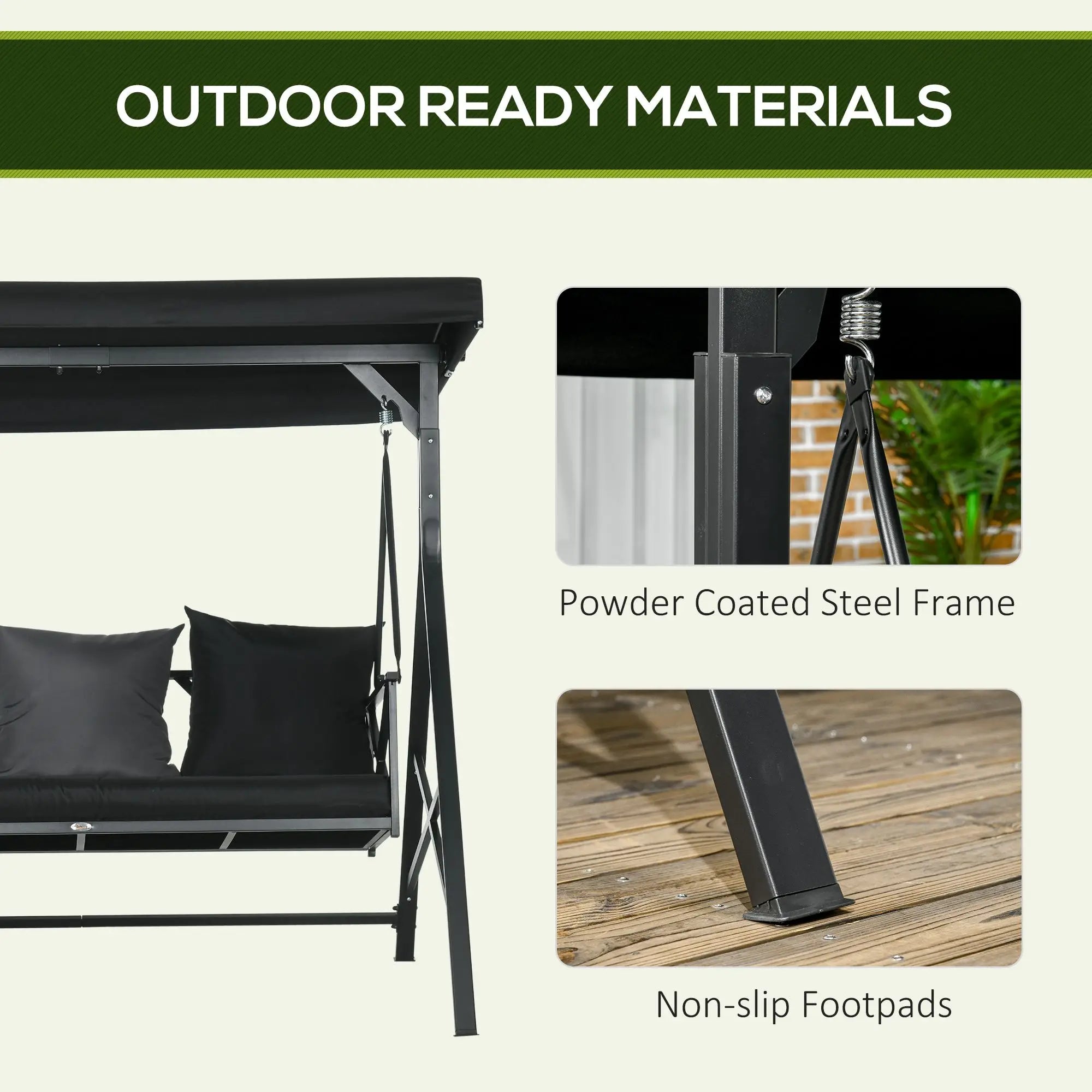 3-Seat Porch Swing Adjustable Canopy Cushion Black