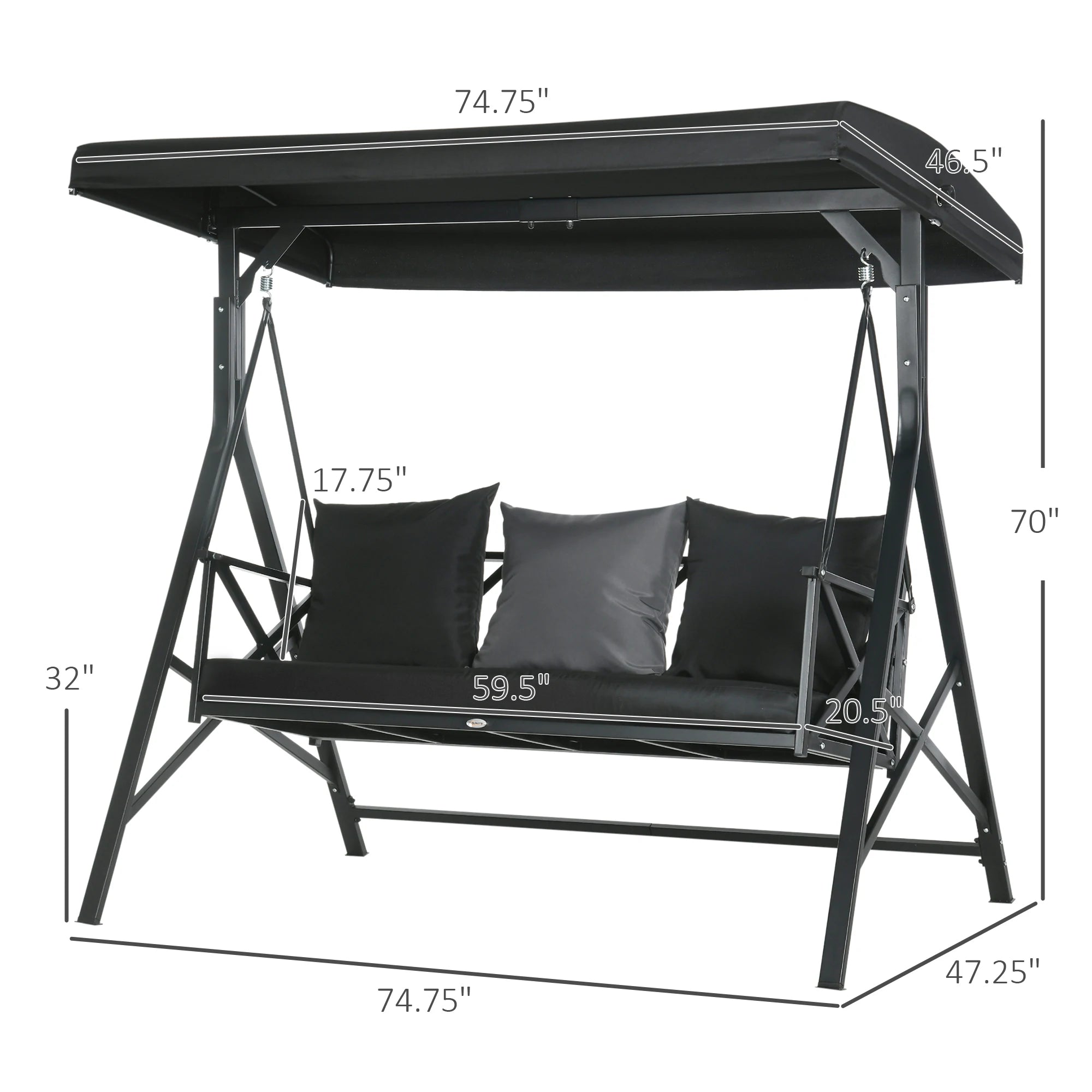 3-Seat Porch Swing Adjustable Canopy Cushion Black