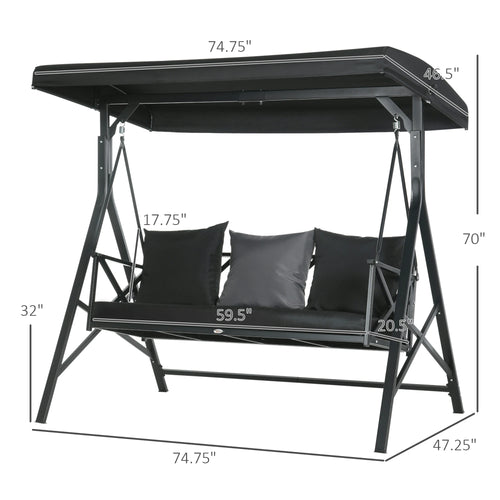 3-Seat Porch Swing Adjustable Canopy Cushion Black