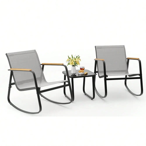 3 Piece Rocking Bistro Set With Coffee Table For Lawn, Garden,