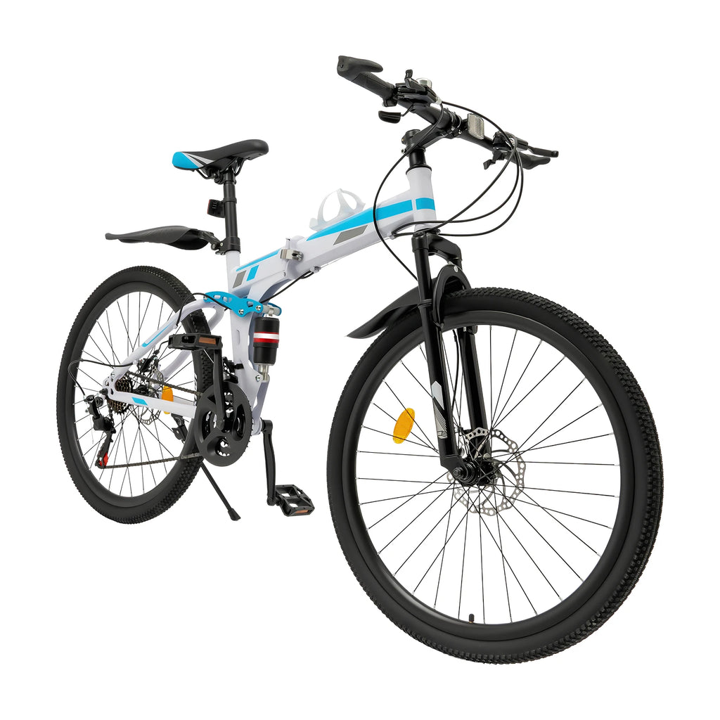 26 Inch Folding Mountain Bike 21-Speed High-carbon Steel MTB with Dual Disc Brake System Adult Mountain Bicycle Height Adjustable for Men Women,