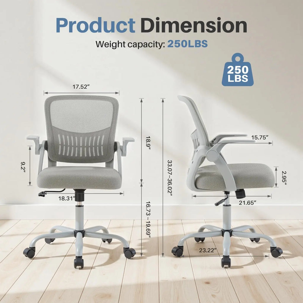 Ergonomic Mid Back Desk with Lumbar Support 360° Swivel Height Adjustable with Flip-up Armrest