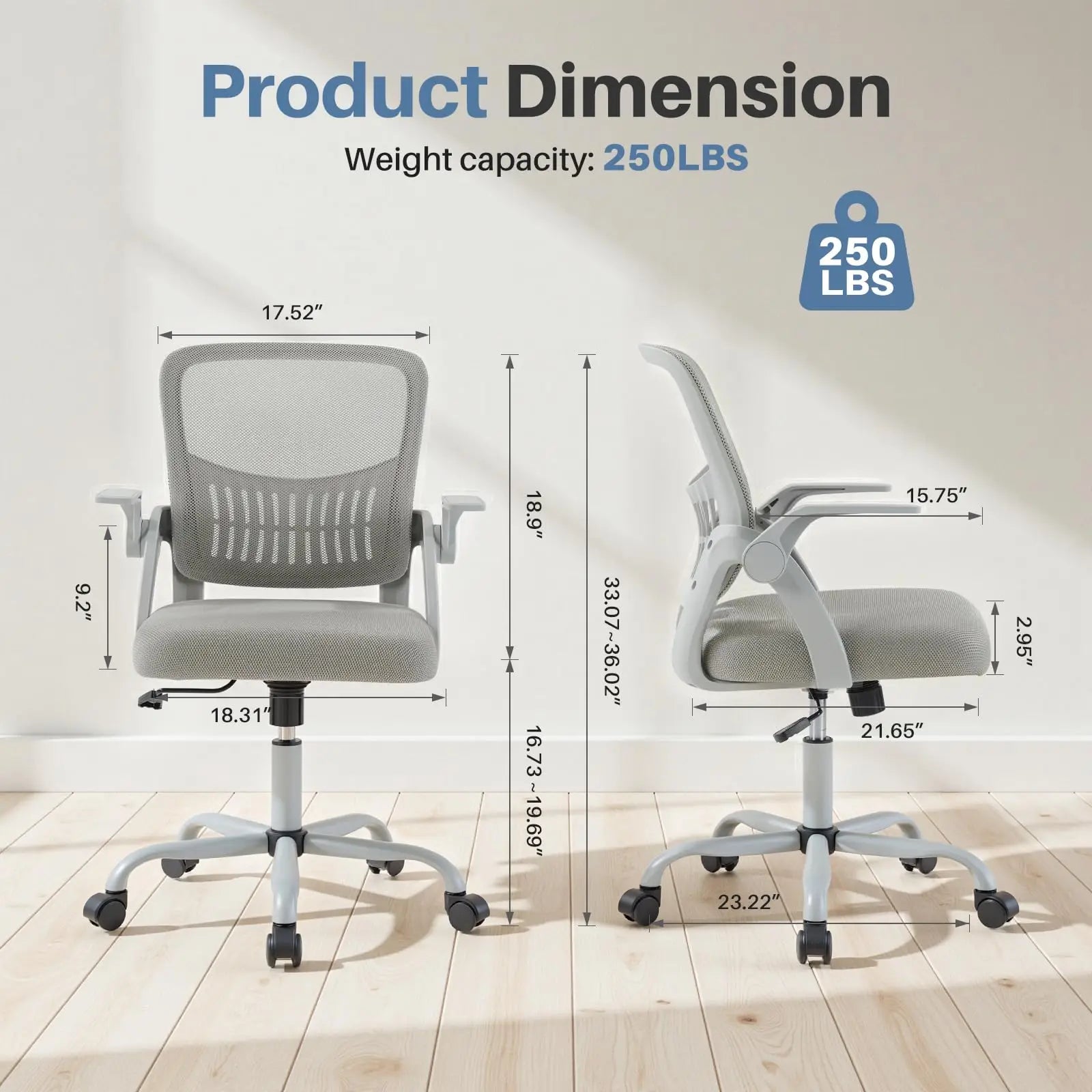 Ergonomic Mid Back Desk with Lumbar Support 360° Swivel Height Adjustable with Flip-up Armrest