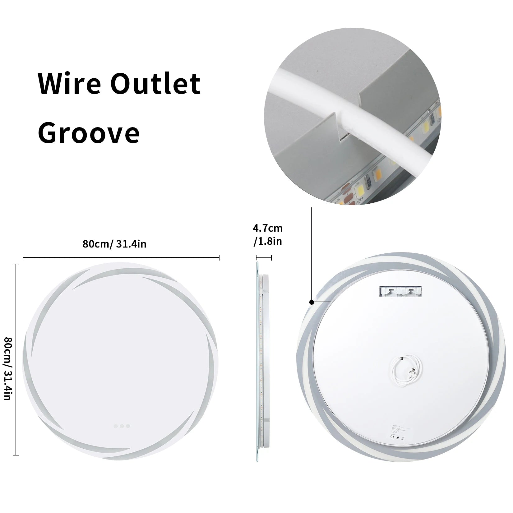 60/80CM LED Bathroom Mirror Circle Backlit HD Wall Antifog Vanity Mirror Shatterproof 3 Colors Lights Dimmable