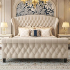 Queen Platform Bed Frame, 52.5" Tall Velvet Upholstered Sleigh Bed with Scroll Wingback Headboard & Footboard