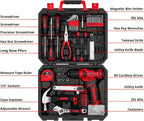 Tool Set with 8V Red Cordless Drill, Home Tool Kit with 126 Piece