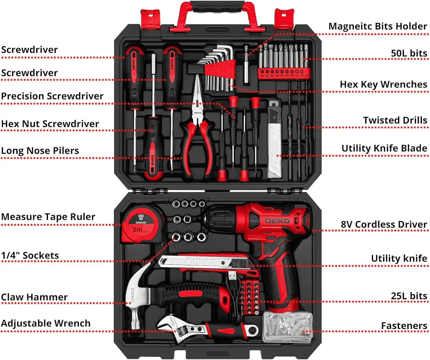 Tool Set with 8V Red Cordless Drill, Home Tool Kit with 126 Piece