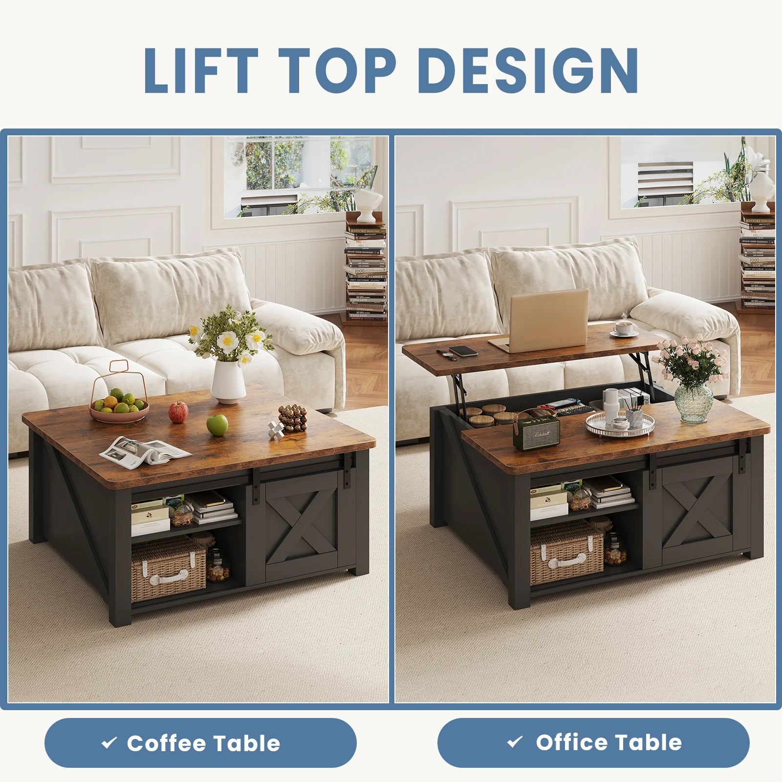 31.5IN Wood Lift Top Coffee Table Living Room Adjustable Storage Shelf Easy Lift Or Lower