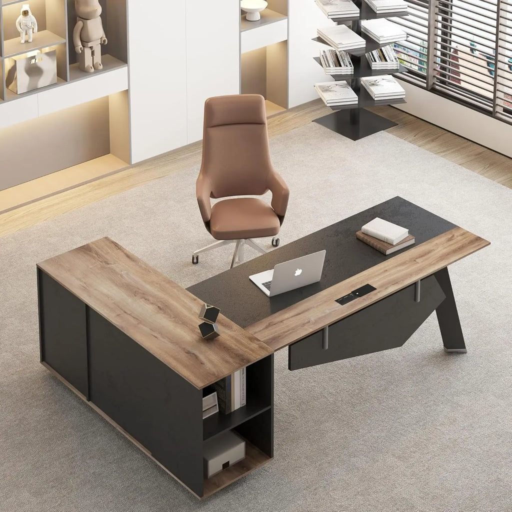 63in L-Shaped Executive Desk with 47" lateral File Cabinet/Storage Shelves