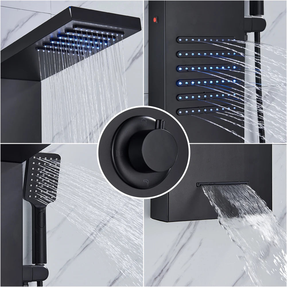 Black LED Shower Panel Tower System, Rain Waterfall Massage Body Spa