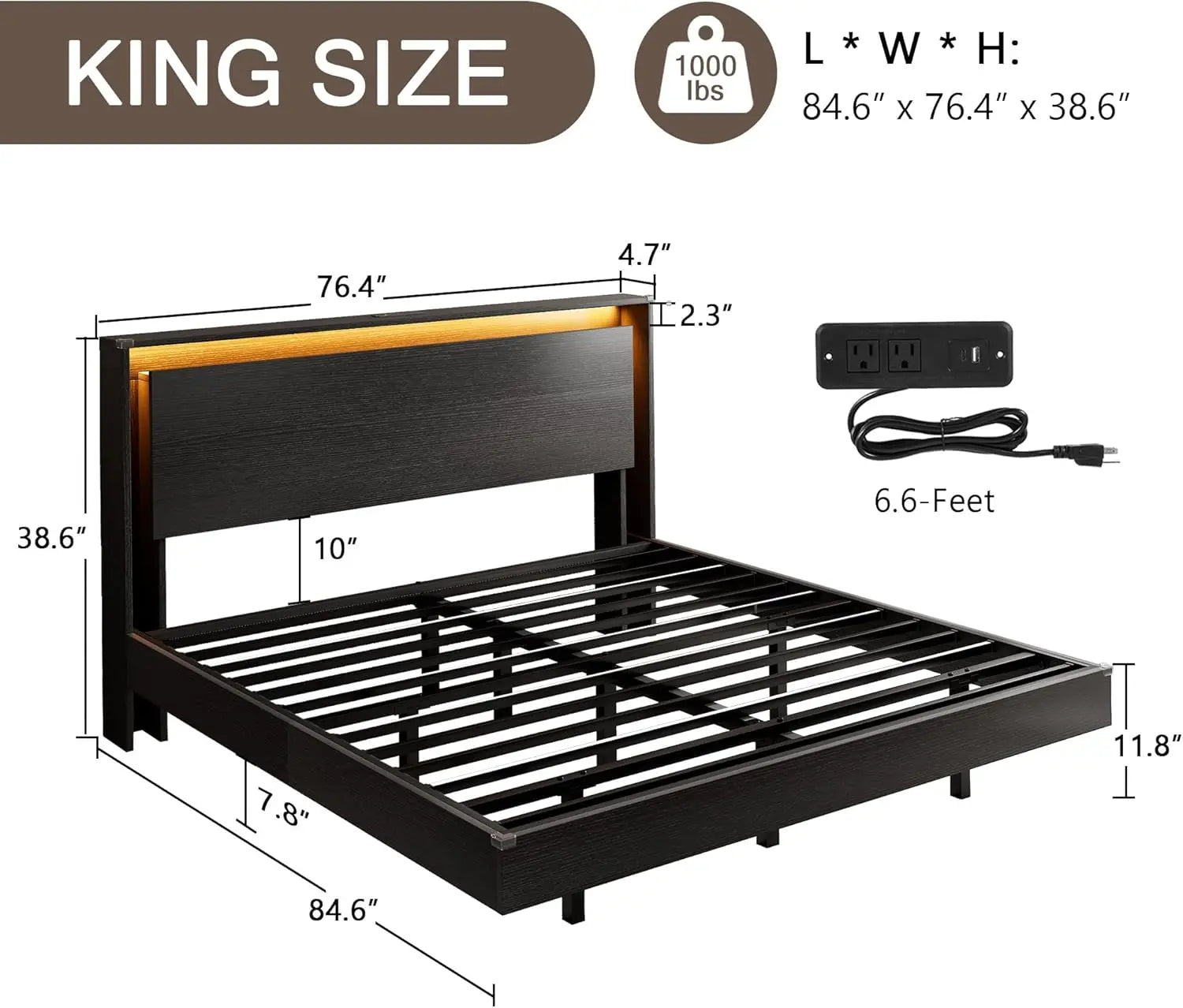 King Size Bed Frame with LED Lights & Charging Station