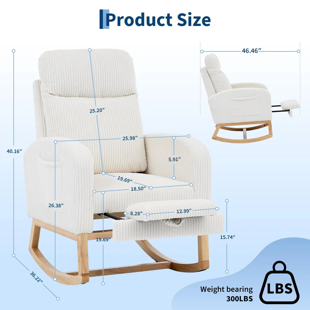 Corduroy Nursery Rocking Chair, Tufted Glider Rocker with Adjustable Footrest & Side Pocket
