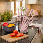 9 Pcs Pink Hollow Handle Stainless Steel Kitchen Knife Set with Rotatable Knife Block,  Includes Chef Knife Cleaver Bread Knife Utility Paring Knife, Kitchen Scissors, Fruit Peeler and Sharpening Rod