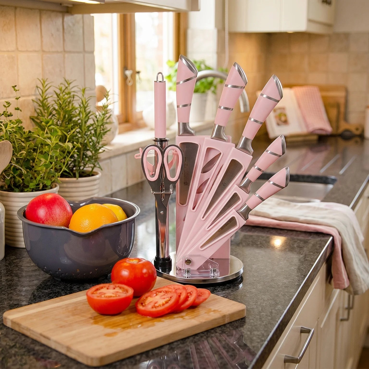 9 Pcs Pink Hollow Handle Stainless Steel Kitchen Knife Set with Rotatable Knife Block,  Includes Chef Knife Cleaver Bread Knife Utility Paring Knife, Kitchen Scissors, Fruit Peeler and Sharpening Rod