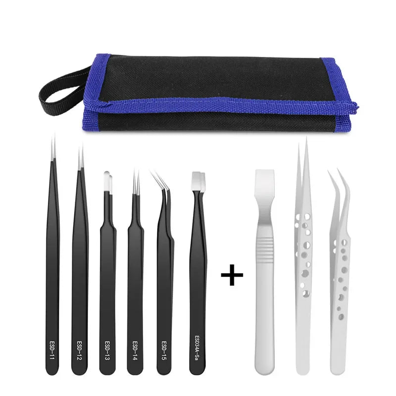 9 Pcs Tweezers Set Stainless Steel Anti-Static Precision Tweezers for Electronic Mobile Phone Repair Tools