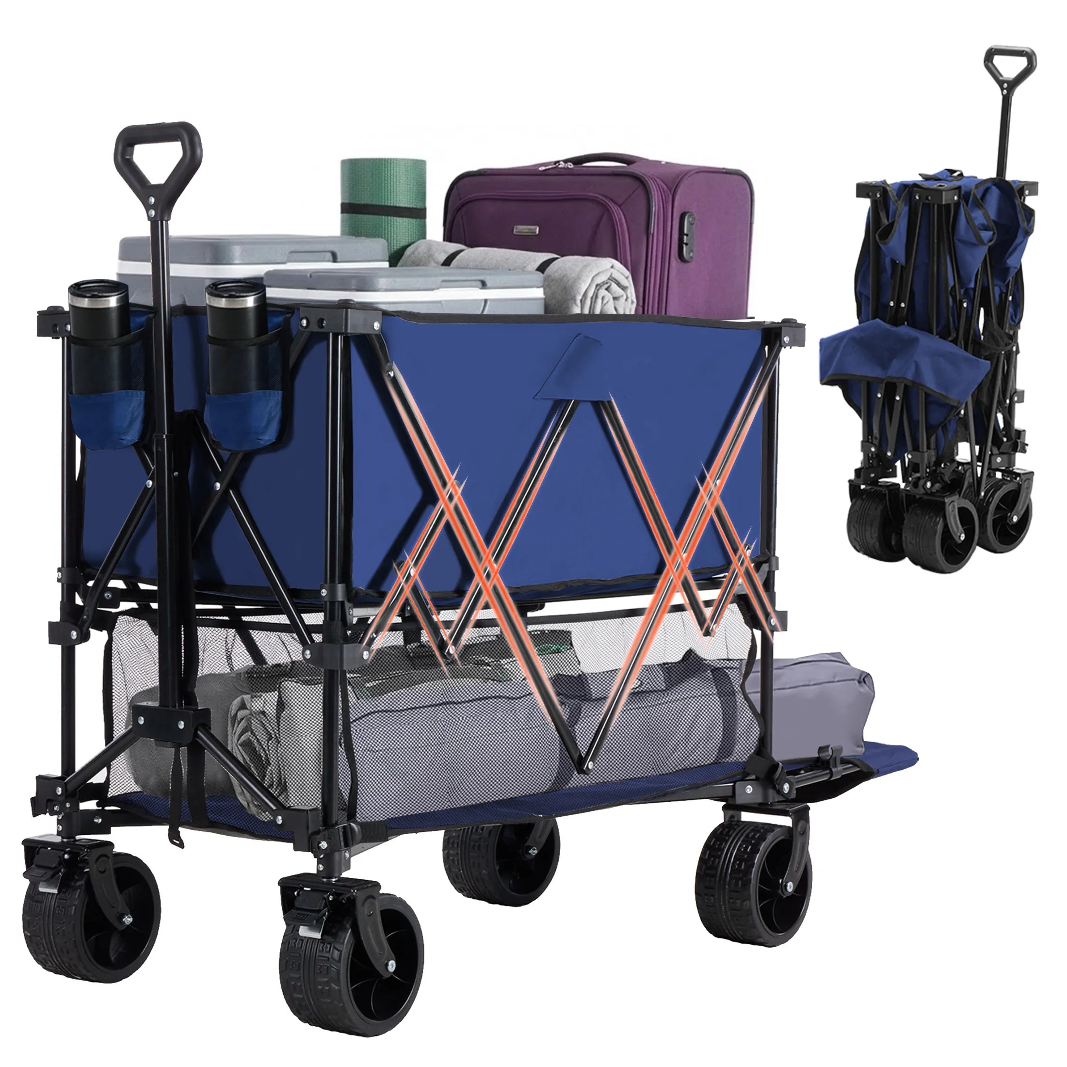 Outdoor Double Decker Wagons Cart 440 lbs Large Capacity Collapsible Foldable Cart for Grocery Garden Camping