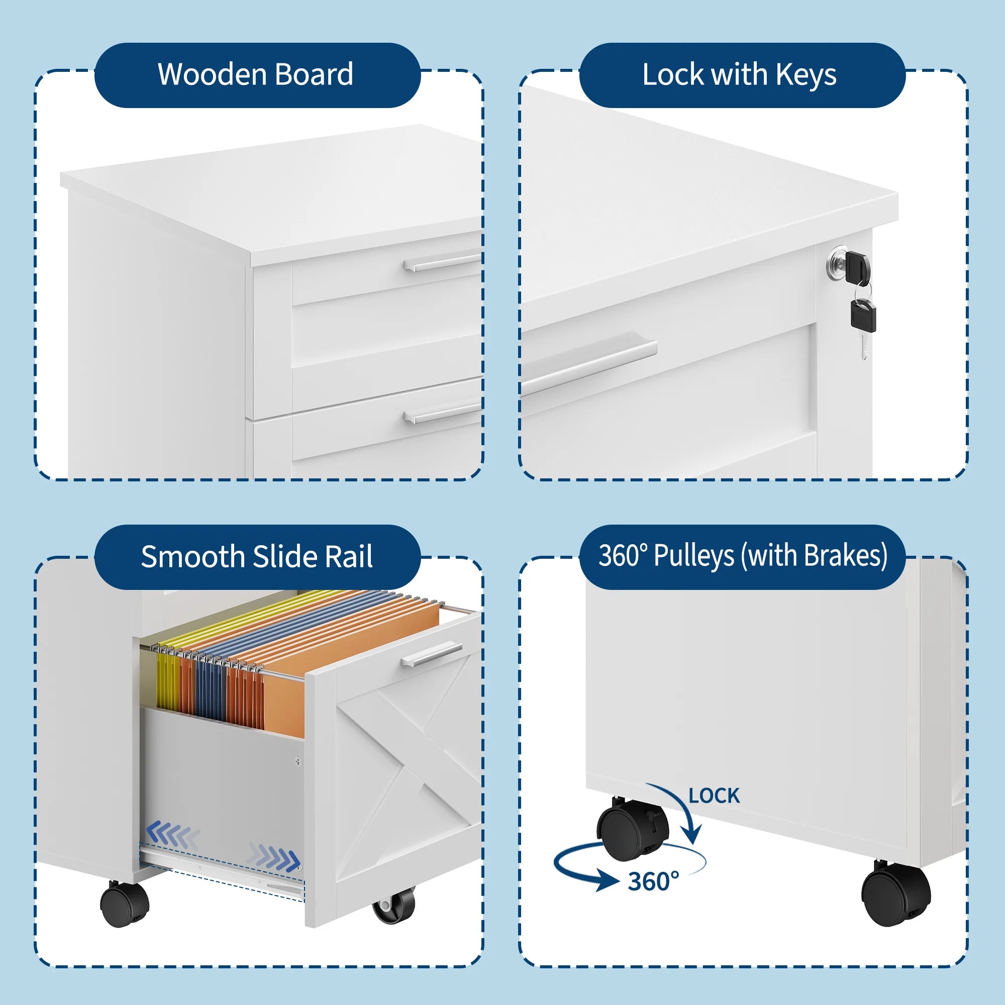 3 Drawer Rolling File Cabinet with Lock & Casters