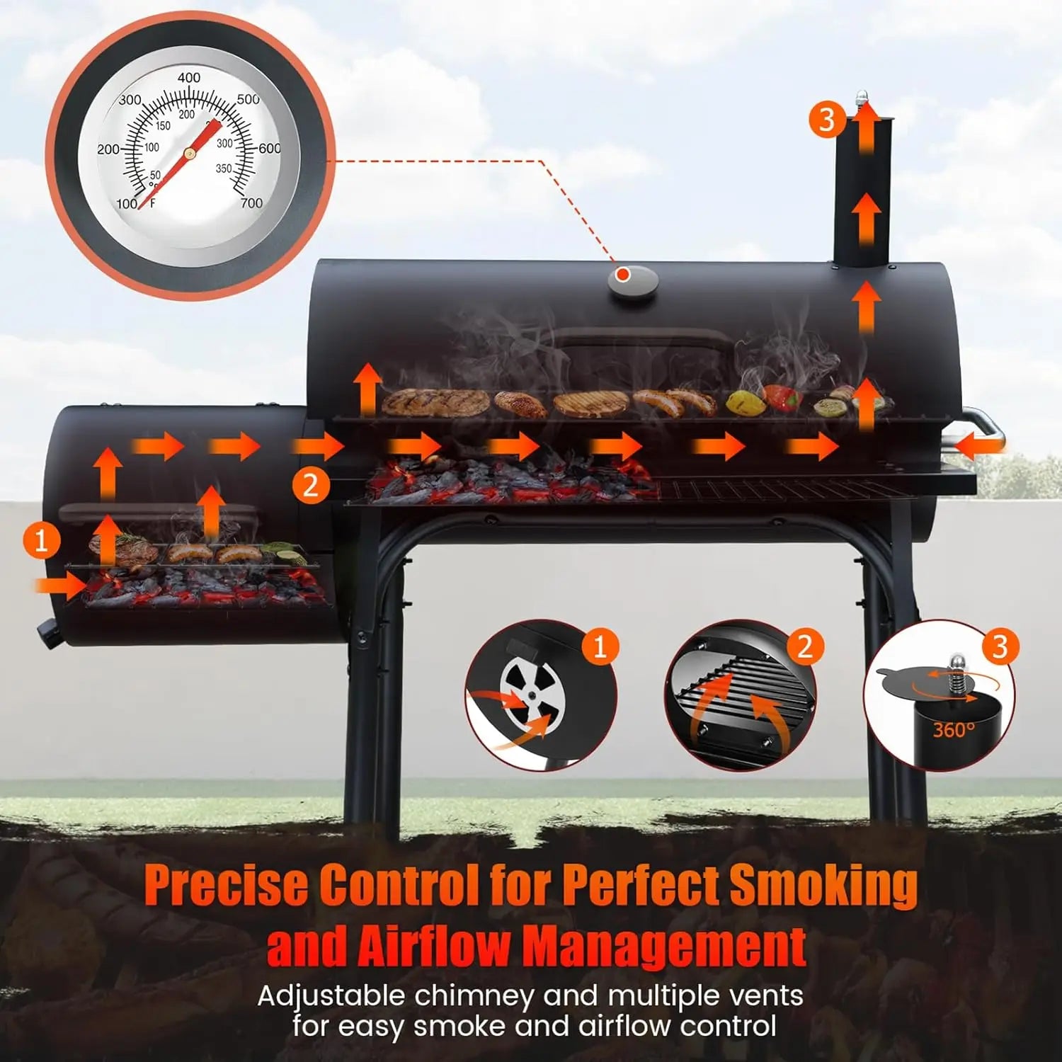 Spacious Barrel Charcoal BBQ Grill with Offset Smoker - Perfect for Outdoor Backyard, Camping, and Parties