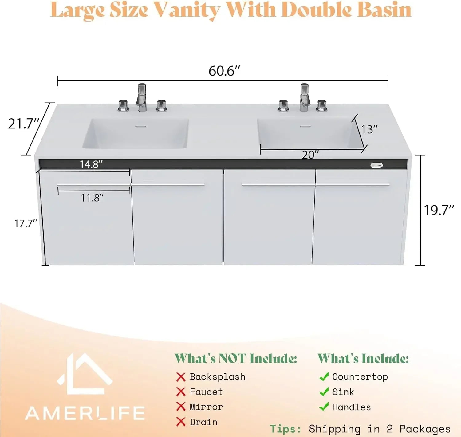 60" Floating Bathroom Double Vanity with Sink Combo