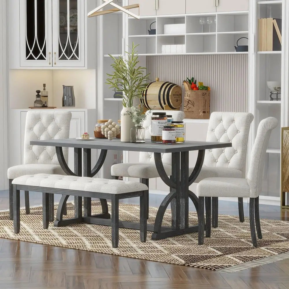 6Piece Farmhouse Dining Table Set, 60 L Rectangular Table, 4 holstered Chairs and Bench
