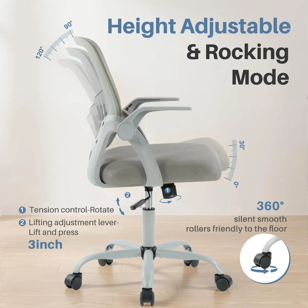 Ergonomic Mid Back Desk with Lumbar Support 360° Swivel Height Adjustable with Flip-up Armrest
