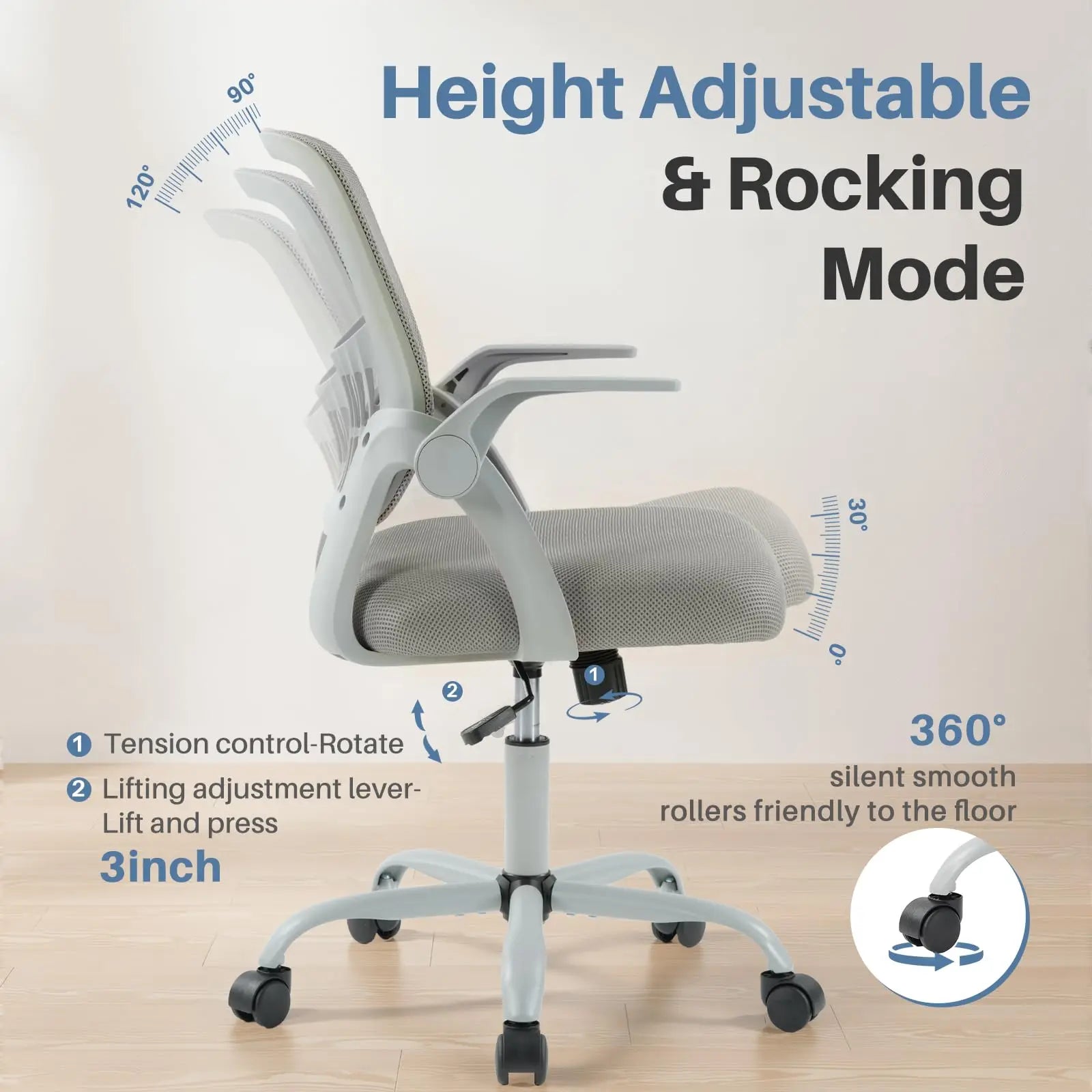 Ergonomic Mid Back Desk with Lumbar Support 360° Swivel Height Adjustable with Flip-up Armrest
