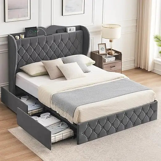 King Size Bed Frame, 4 Storage Drawers, Charging Station