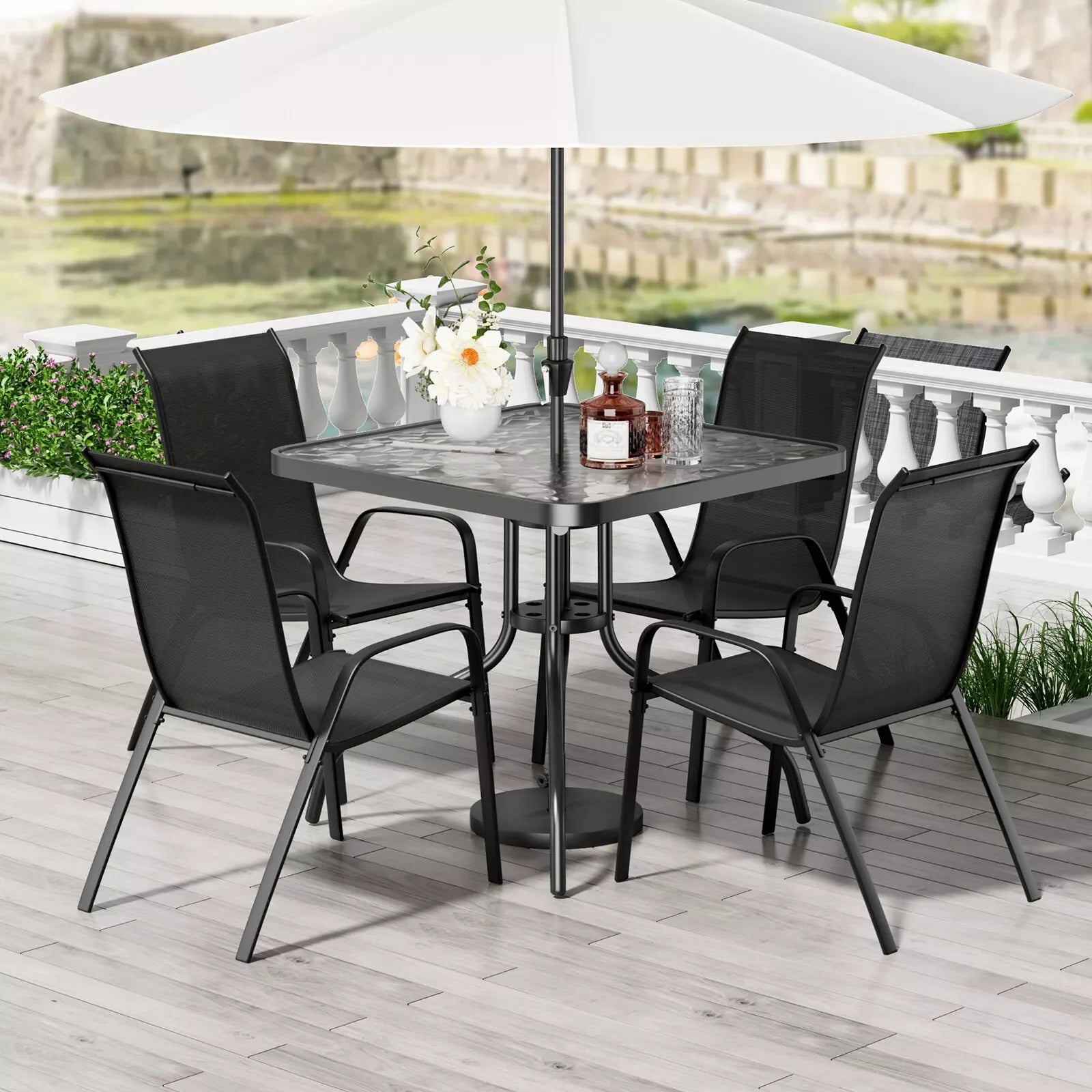 All Weather Outdoor Furniture W/ 30"x30" Table and 4 Stackable Chairs