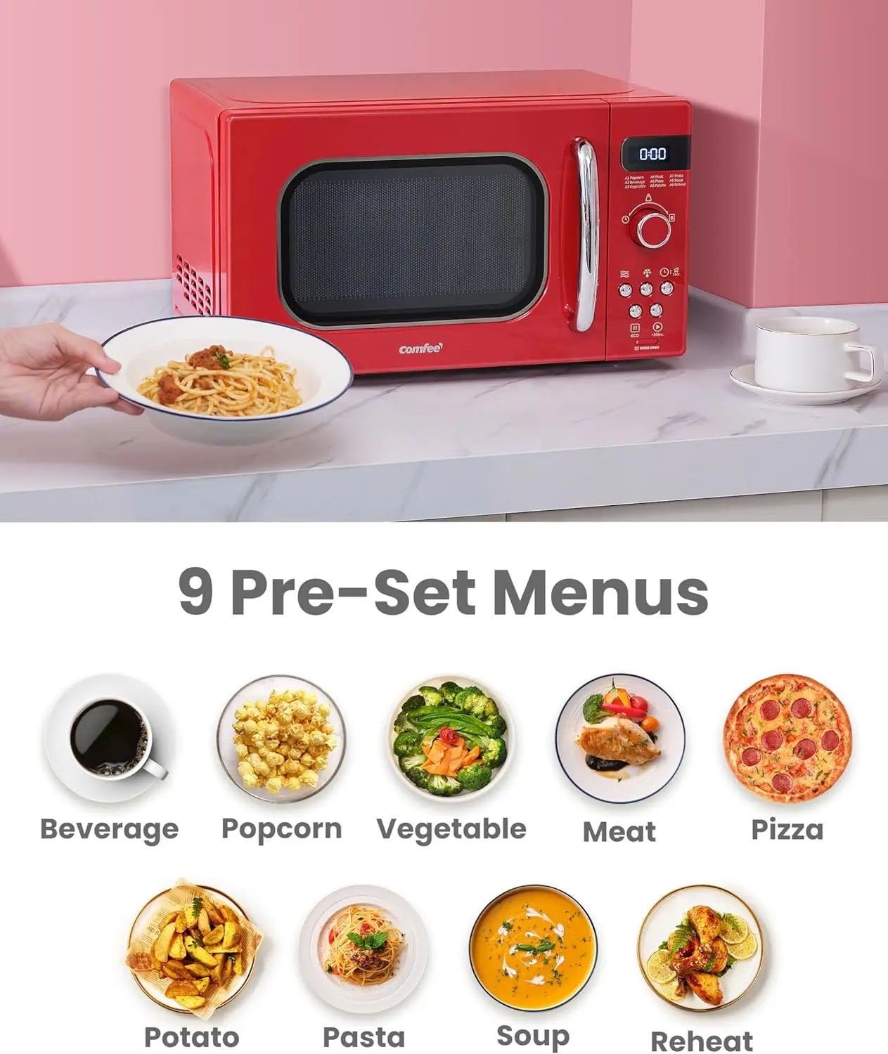 Retro Small Microwave Oven With Compact Size, 9 Preset Menus, Position-Memory Turntable, Mute