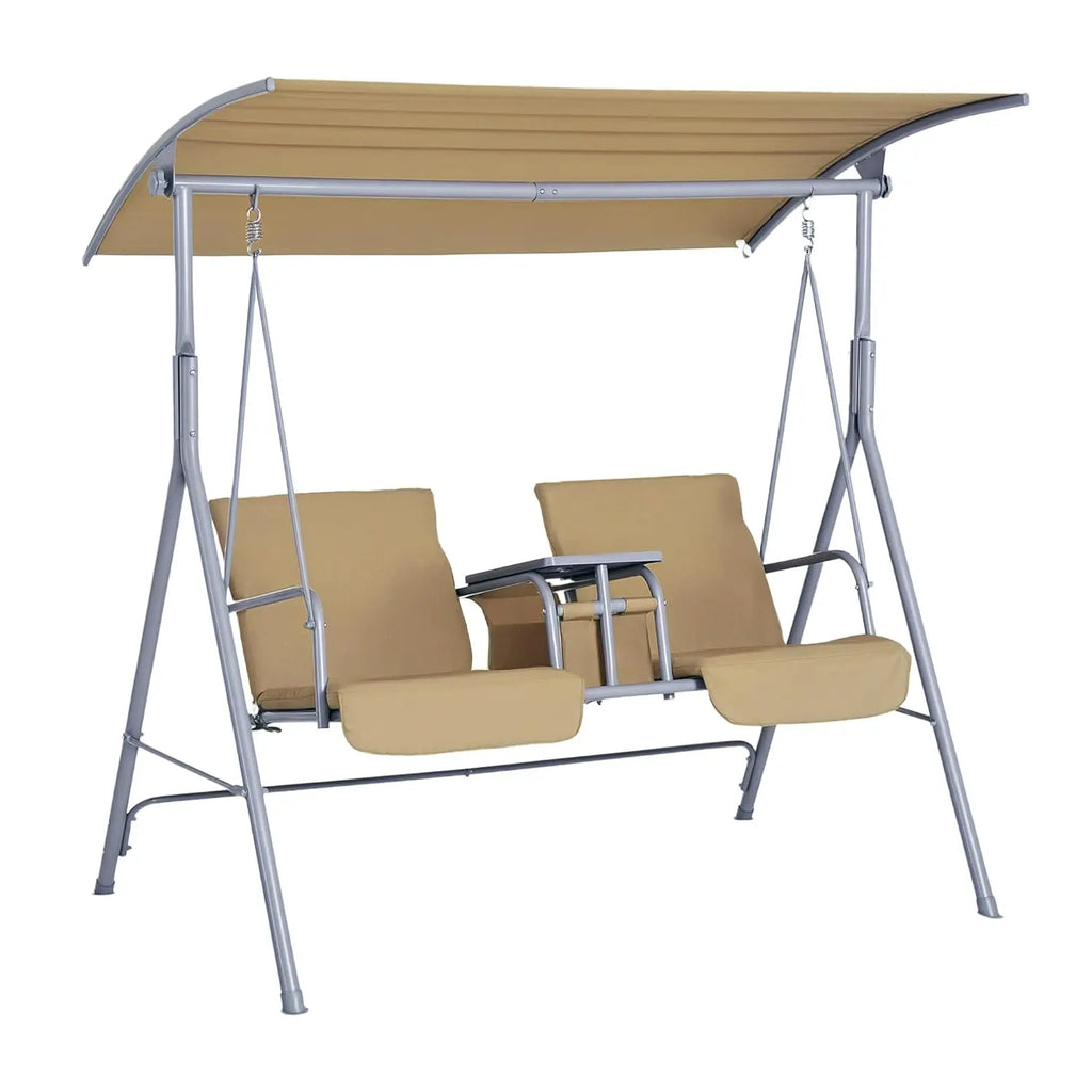 2 Person Outdoor Porch Swing with Stand Canopy, Pivot Storage Table, 2 Cup Holders, Cushions