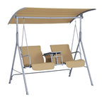 2 Person Outdoor Porch Swing with Stand Canopy, Pivot Storage Table, 2 Cup Holders, Cushions