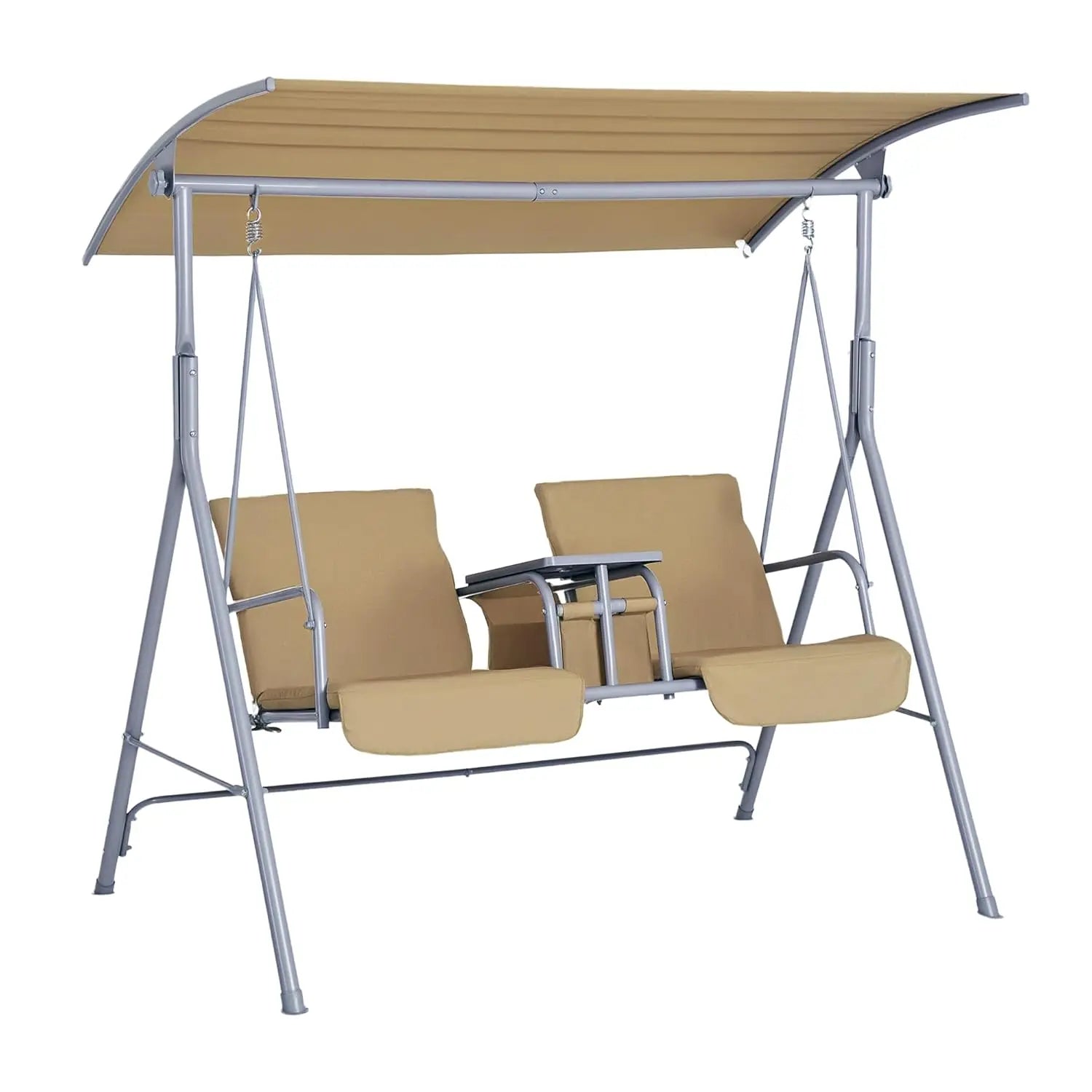 2 Person Outdoor Porch Swing with Stand Canopy, Pivot Storage Table, 2 Cup Holders, Cushions