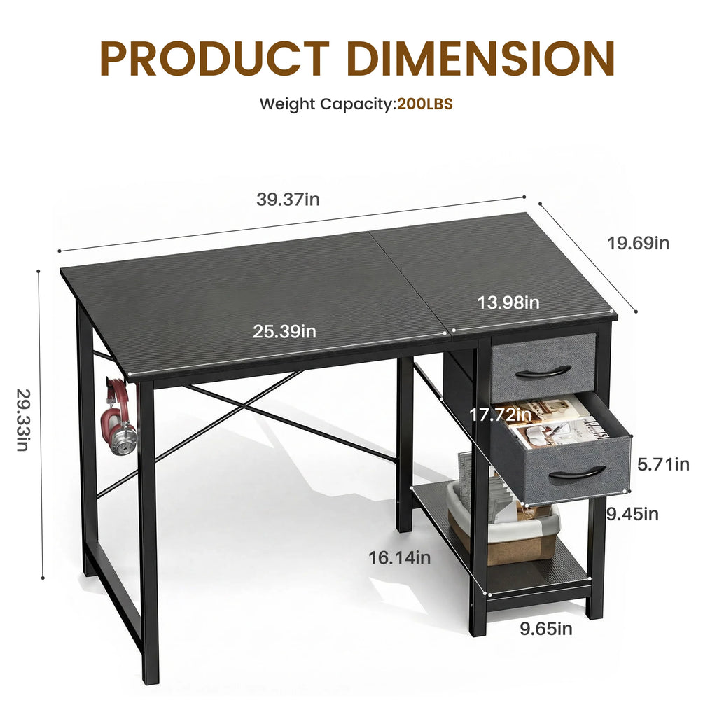 40 Inch Standing Office Computer Desk with Drawers and Side Hook  X‑Frame Stability For Home Office Small Space