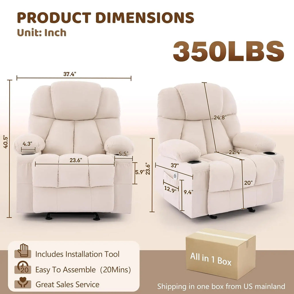 Massage Rocker Recliner Chair with Heat & Vibration 4 Pockets 2 Cup Holders
