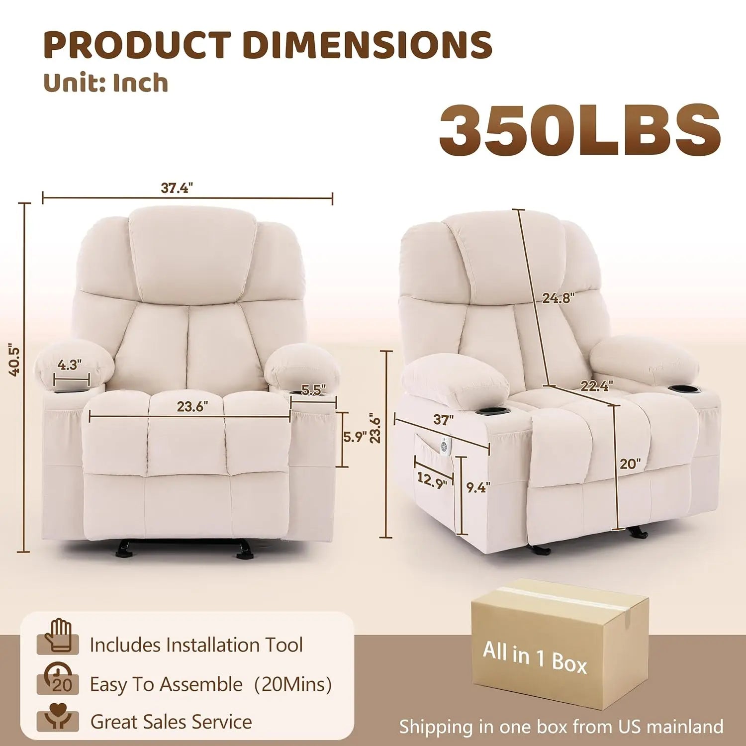 Massage Rocker Recliner Chair with Heat & Vibration 4 Pockets 2 Cup Holders