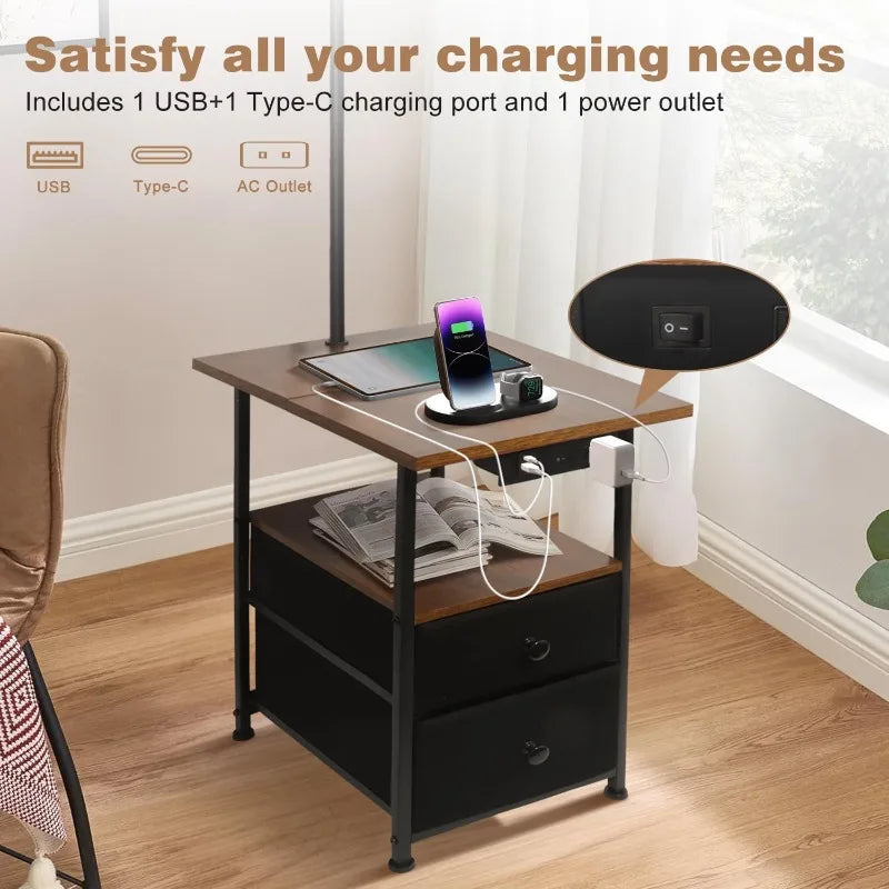 Reading Floor Lamp with Table, Charging Ports and Drawers