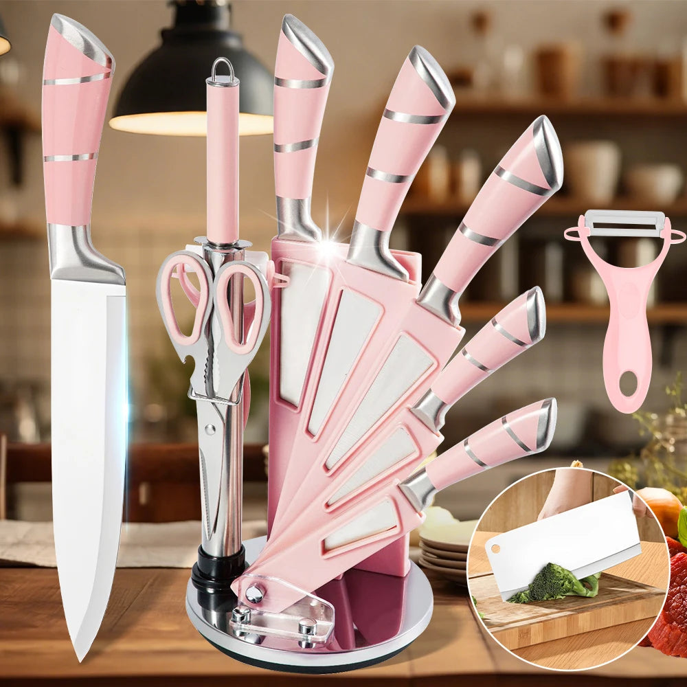 9 Pcs Pink Hollow Handle Stainless Steel Kitchen Knife Set with Rotatable Knife Block,  Includes Chef Knife Cleaver Bread Knife Utility Paring Knife, Kitchen Scissors, Fruit Peeler and Sharpening Rod